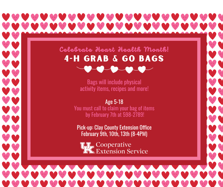 Celebrate Heart Health Month! 4H Grab & Go Bags will be available for pick-up at the Clay County Extension Office on February 9th, 10th,  and 13th from 8AM-4PM. Bags will include physical activity items, recipes and more! FREE & available to youth ages 5-18. You must call 598-2789 to claim your bag of items by February 7th.