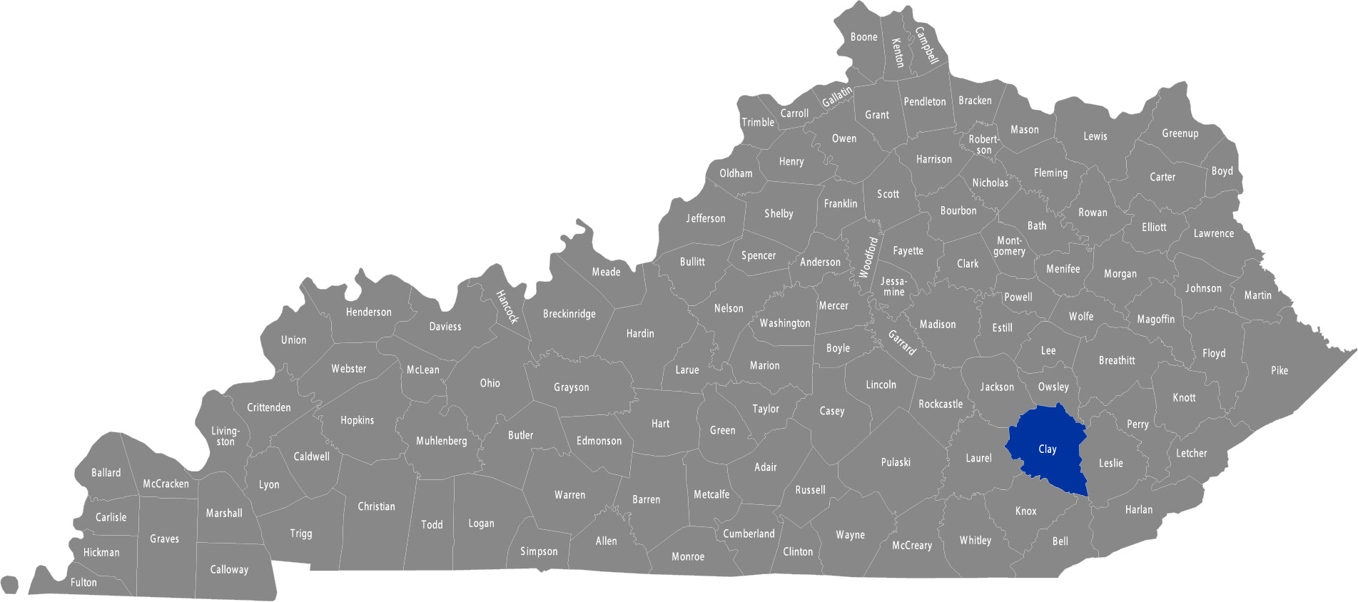 State of Kentucky map with Clay County highlighted 