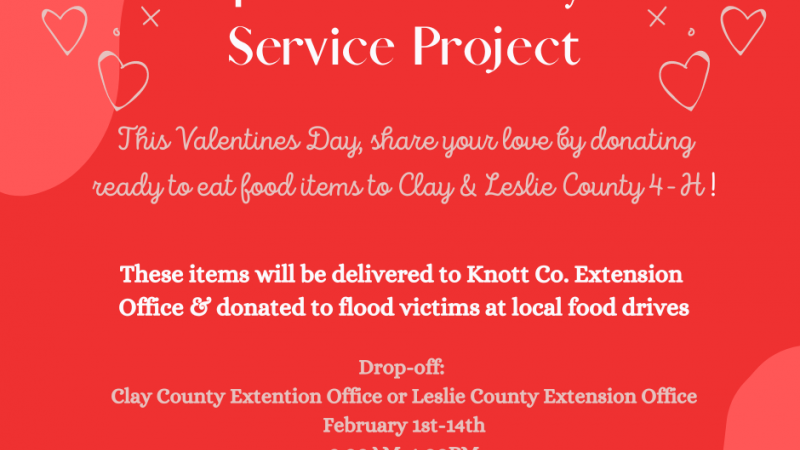 This Valentines Day share your love by donating ready to eat food items to Clay & Leslie County 4-H! These items will be donated to Knott Co. Extension Office & donated to flood victims at local food drives. Drop offs will be on weekdays at Clay County Extension Office or Leslie County Extension Office between February 1st-14th from 8 AM – 4 PM.